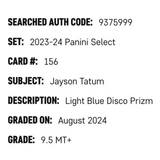 Jayson Tatum SGC 9.5 2023-24 Panini Select Light Blue Disco Prizm 65/99 Card #156