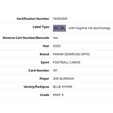 Joe Burrow PSA 9 2020 Panini Donruss Optic Blue Hyper Rated Rookie Card #151