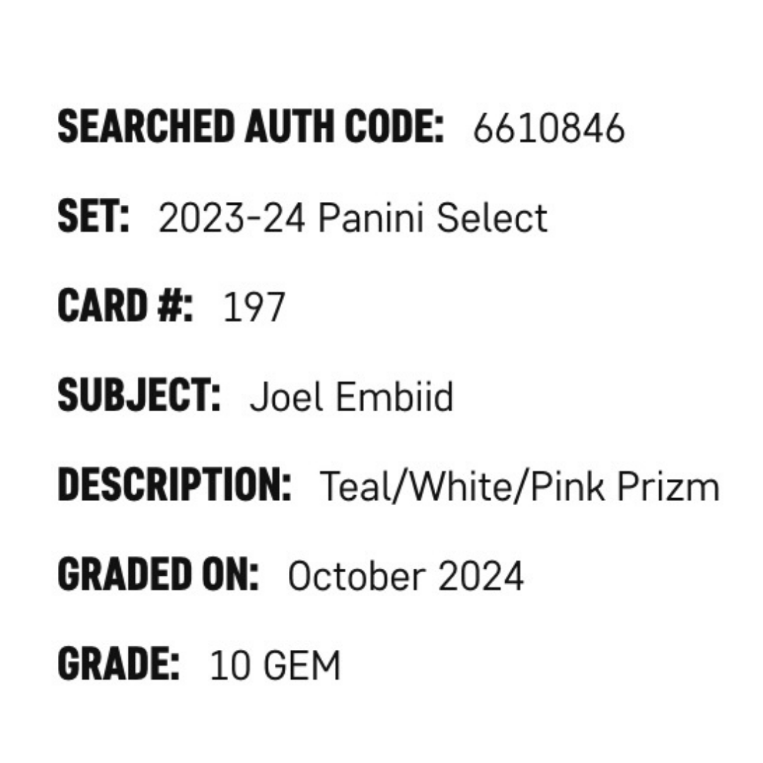 Joel Embiid SGC 10 2023-24 Panini Select Teal/White/Pink Prizm 47/49 Card #197