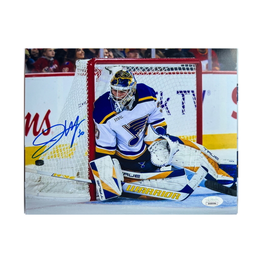 Joel Hofer St Louis Blues Autographed Away Jersey 8x10 Photo - JSA COA