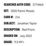 Jonathan Taylor SGC 9.5 2020 Panini Mosaic Red Prizm Card #216