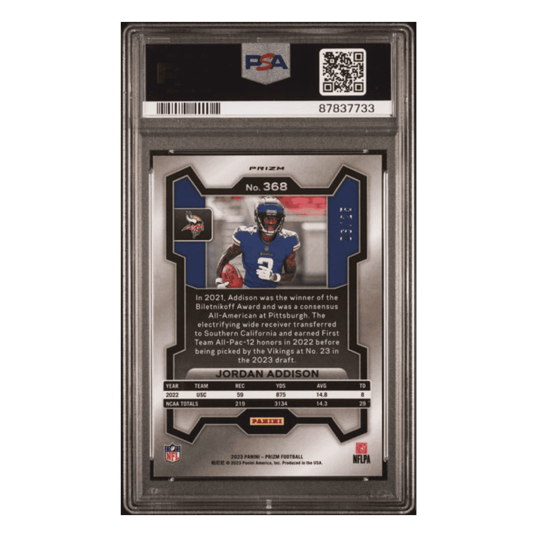 Jordan Addison PSA 10 2023 Panini Prizm Blue Shimmer Rookie RC Card #368