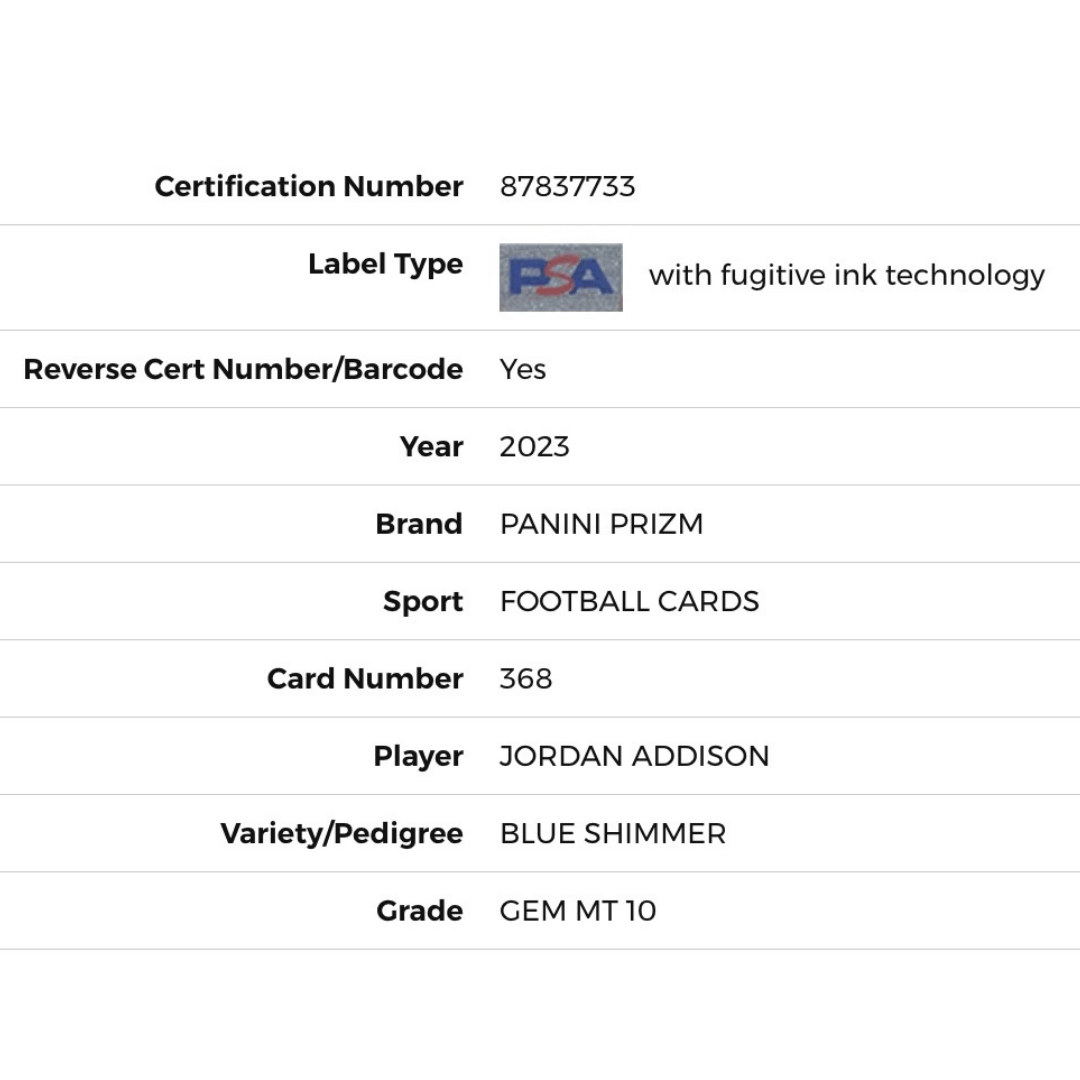 Jordan Addison PSA 10 2023 Panini Prizm Blue Shimmer Rookie RC Card #368