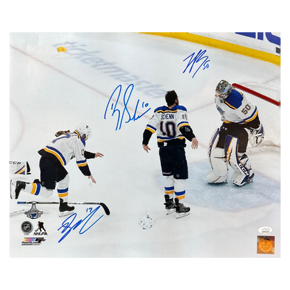 Jordan Binnington, Brayden Schenn & Jaden Schwartz St Louis Blues Triple Autographed SCF 16x20 Photo - JSA COA