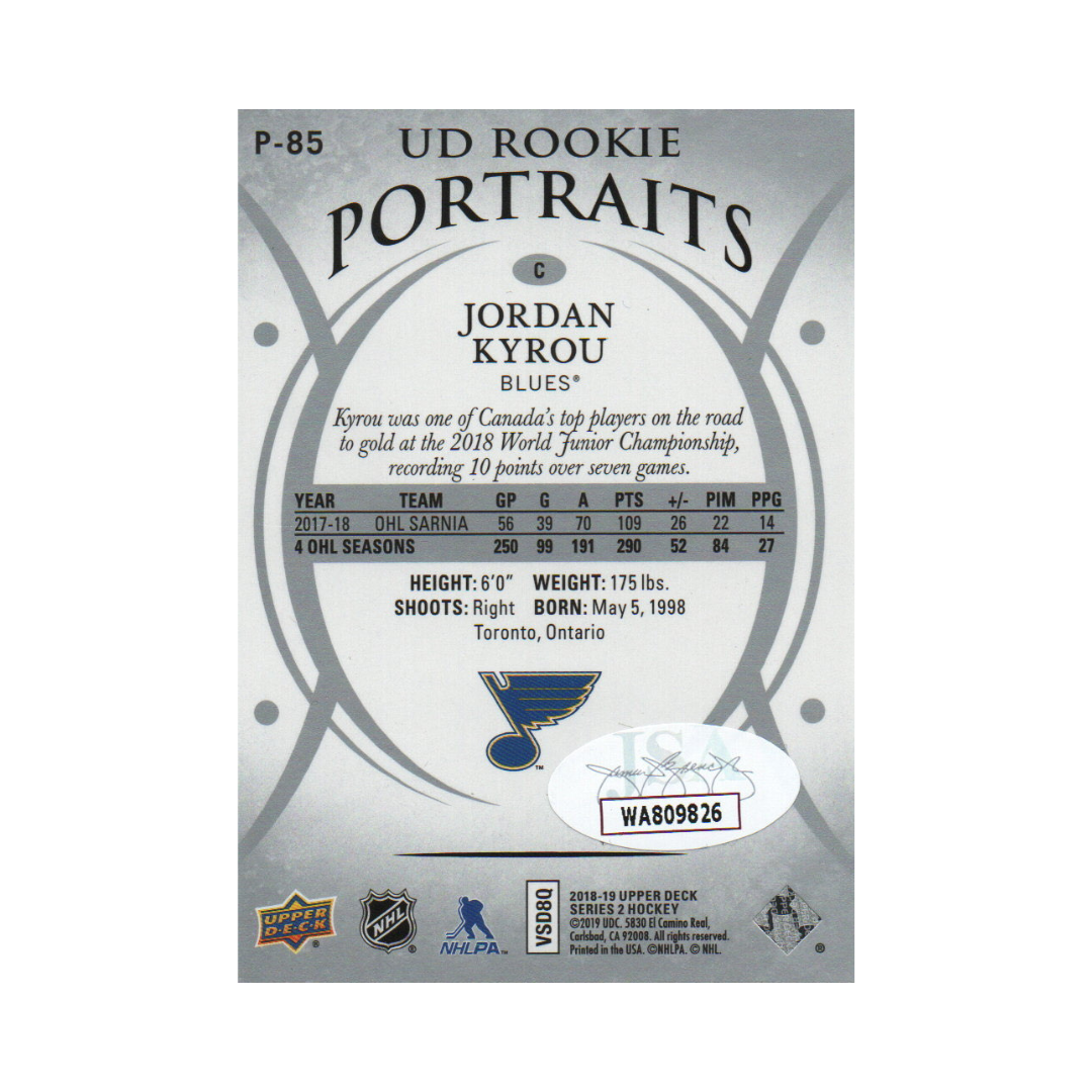 Jordan Kyrou 2018-19 Upper Deck - UD Portraits Rookies #P-85 Autographed - JSA COA