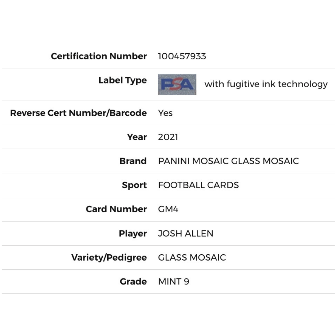 Josh Allen PSA 9 2021 Panini Mosaic Glass Mosaic Card #GM4