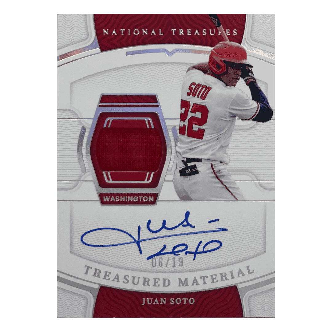 Juan Soto 2022 National Treasures Treasured Material Signatures Jersey Autographed #D 6/19 Card #TMS-JS