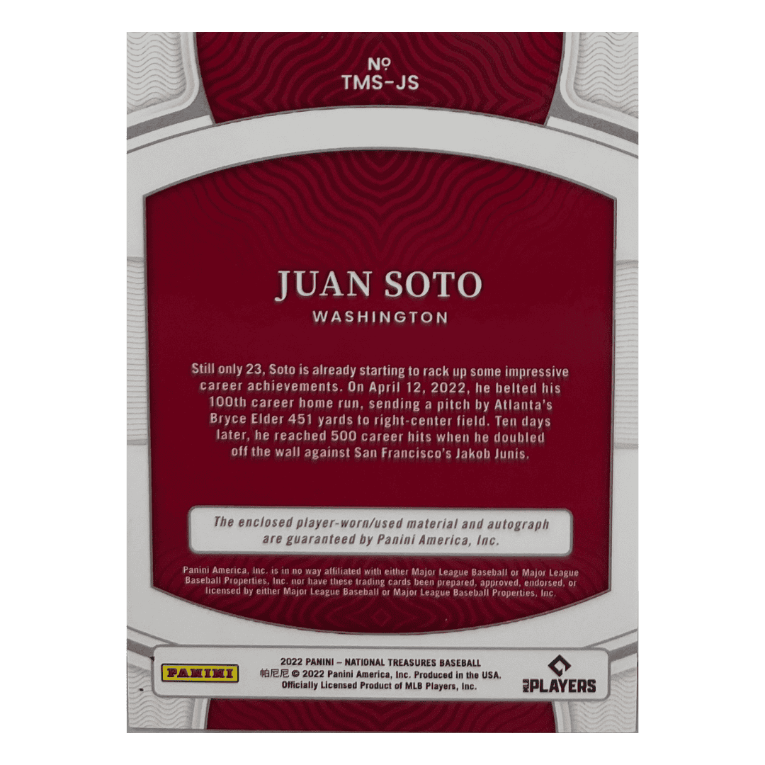 Juan Soto 2022 National Treasures Treasured Material Signatures Jersey Autographed #D 6/19 Card #TMS-JS