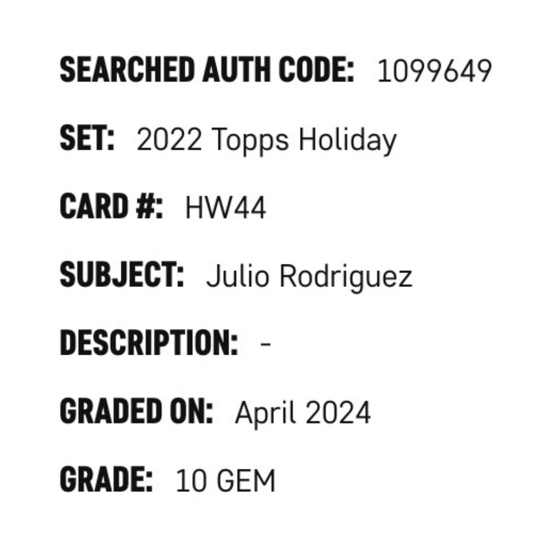 Julio Rodriguez SGC 10 2022 Topps Holiday Card #HW44