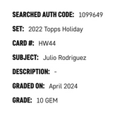 Julio Rodriguez SGC 10 2022 Topps Holiday Card #HW44