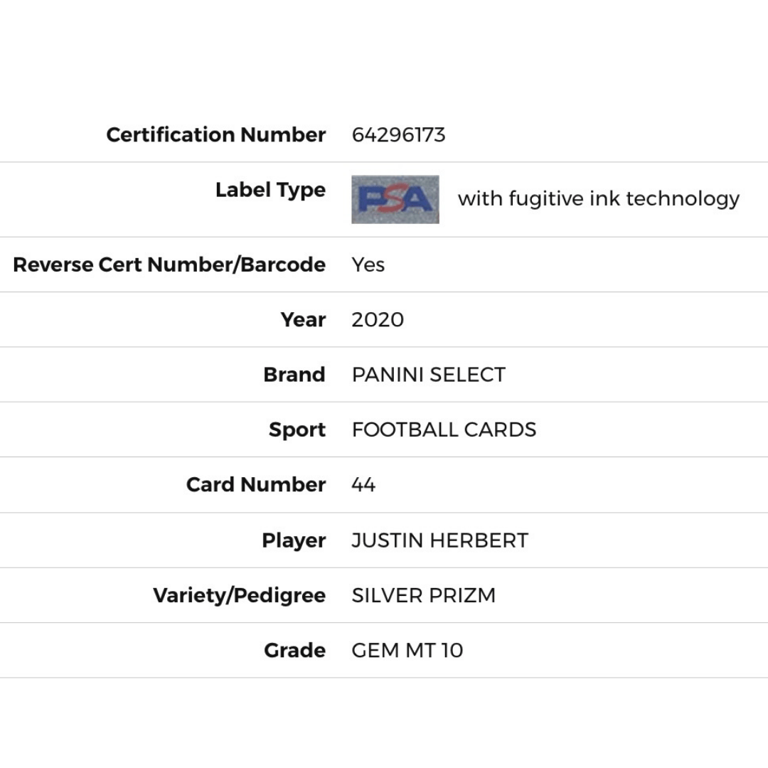 Justin Herbert PSA 10 2020 Panini Select Silver Prizm Rookie RC Card #44