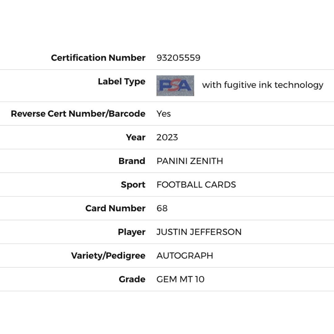Justin Jefferson PSA 10 2023 Panini Zenith Autograph #D/50 Card #68