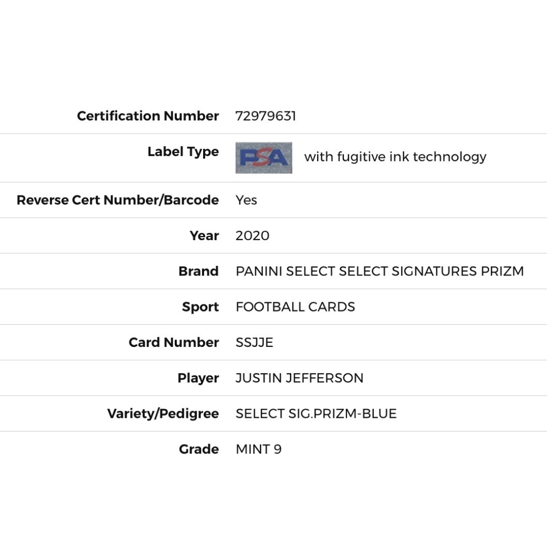 Justin Jefferson PSA 9 2020 Panini Select Signature Prizm-Blue Rookie RC Card #SSJJE