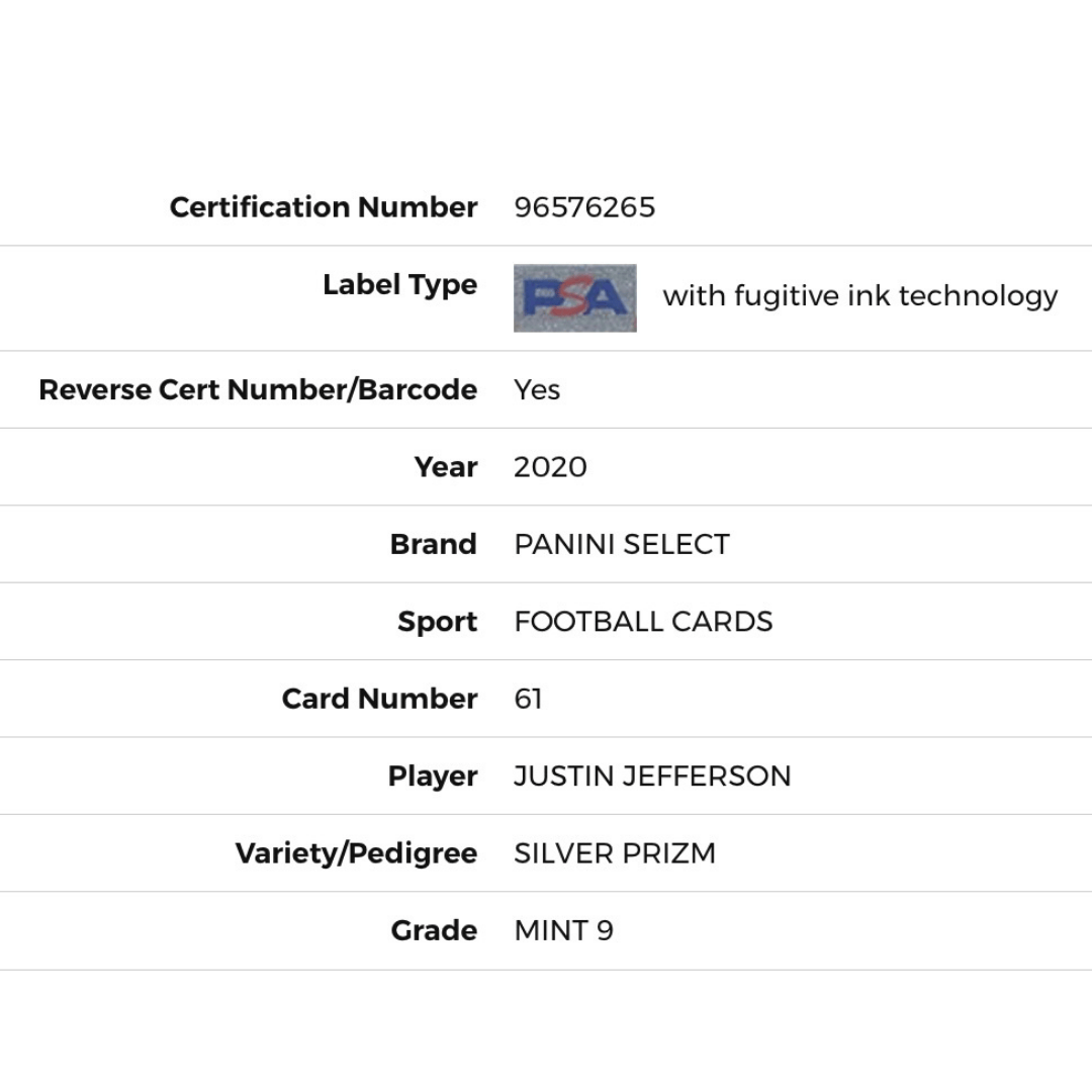 Justin Jefferson PSA 9 2020 Panini Select Silver Prizm Card #61