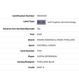 Justin Jefferson PSA 9 2022 Panini Rookie & Stars Thrillers Blue #D/50 Card #TH14