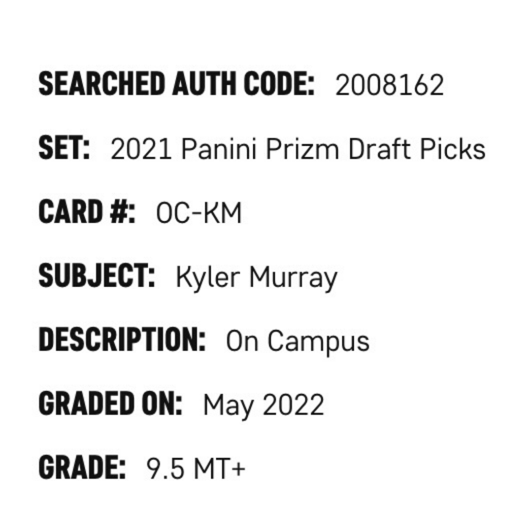 Kyler Murray SGC 9.5 2021 Panini Prizm Draft Picks On Campus Card #OC-KM