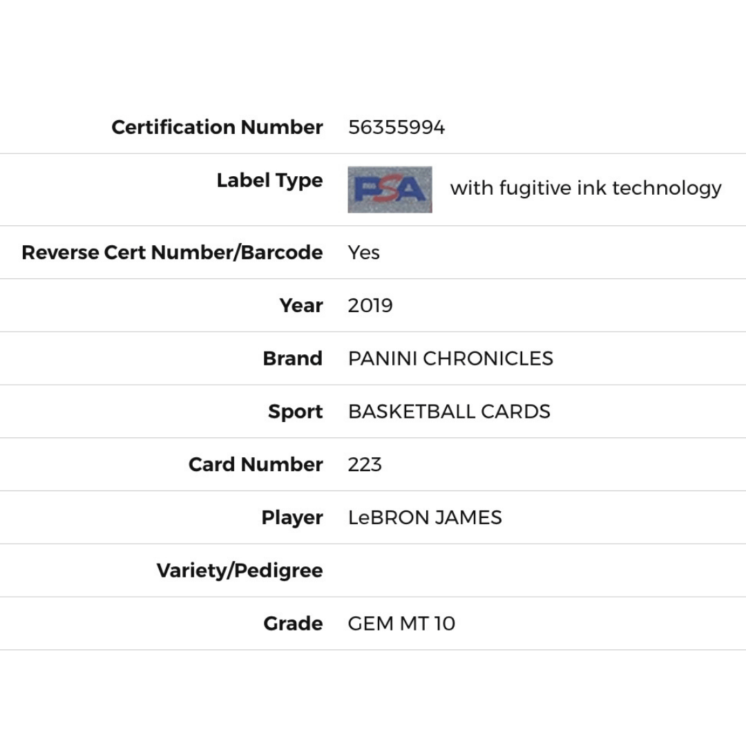 LeBron James PSA 10 2019 Panini Chronicles Card #223