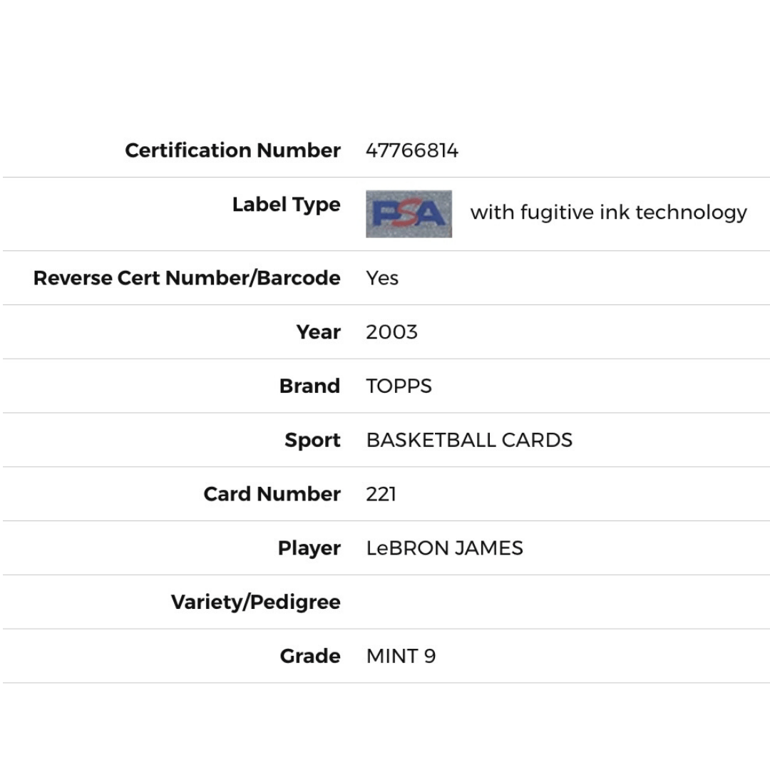 LeBron James PSA 9 2003 Topps Rookie Card #221