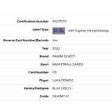 Luka Doncic PSA 10 2022 Panini Select Blue Disco Card #151