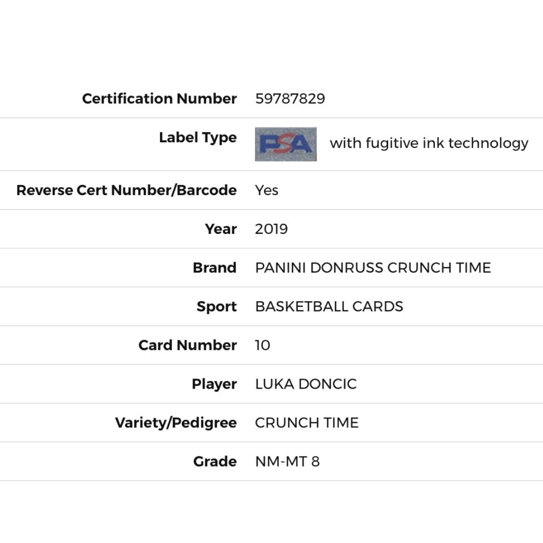 Luka Doncic PSA 8 2019 Panini Donruss Crunch Time Card #10