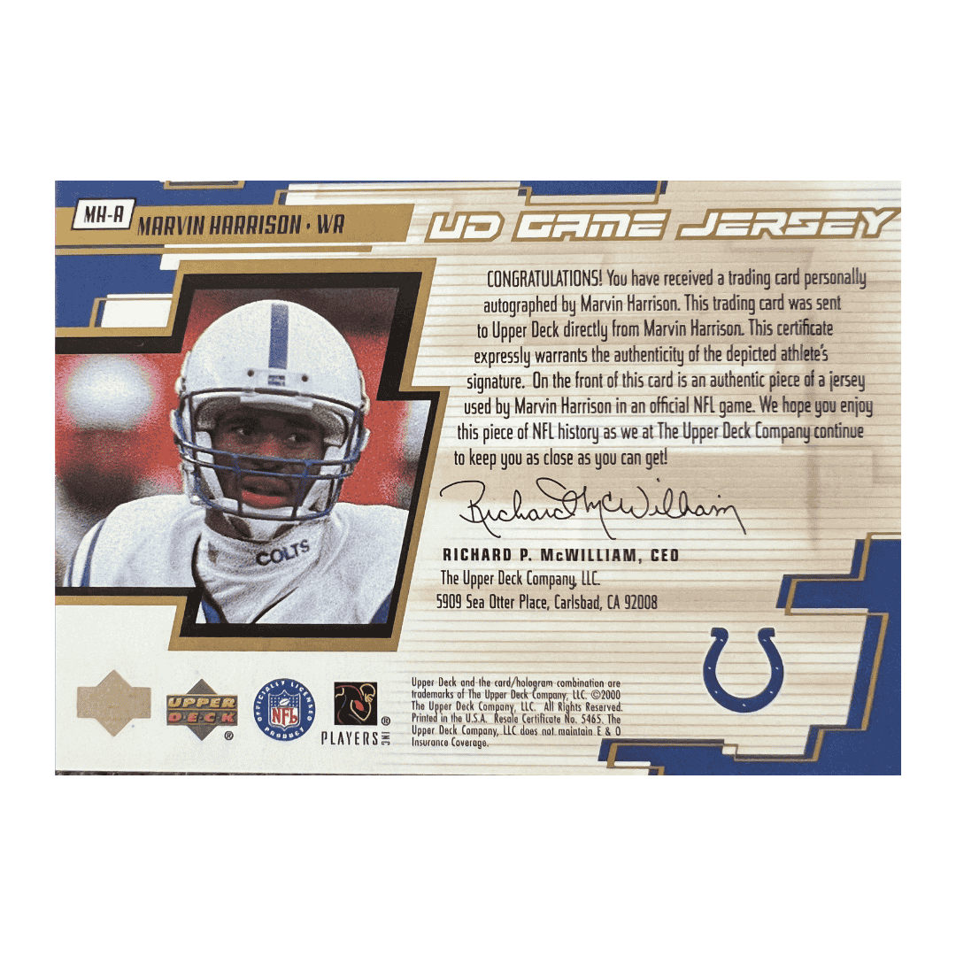 Marvin Harrison 2000 Upper Deck Game Jersey Autograph Patch Card #MH-A