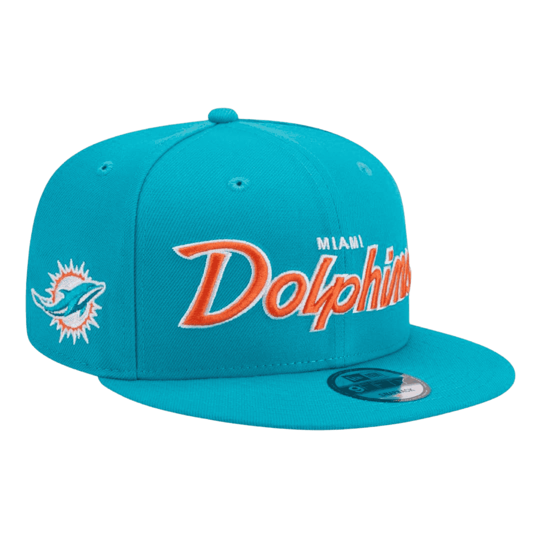 Miami Dolphins Script Logo New Era Teal 9FIFTY Adjustable Snapback Hat