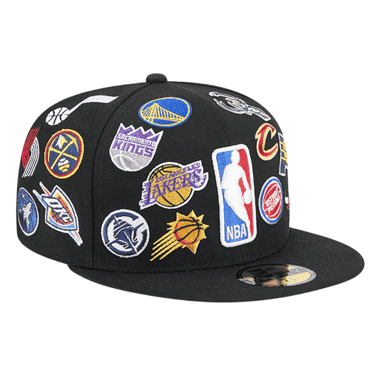 NBA All Over Logo New Era Black 59FIFTY Fitted Hat