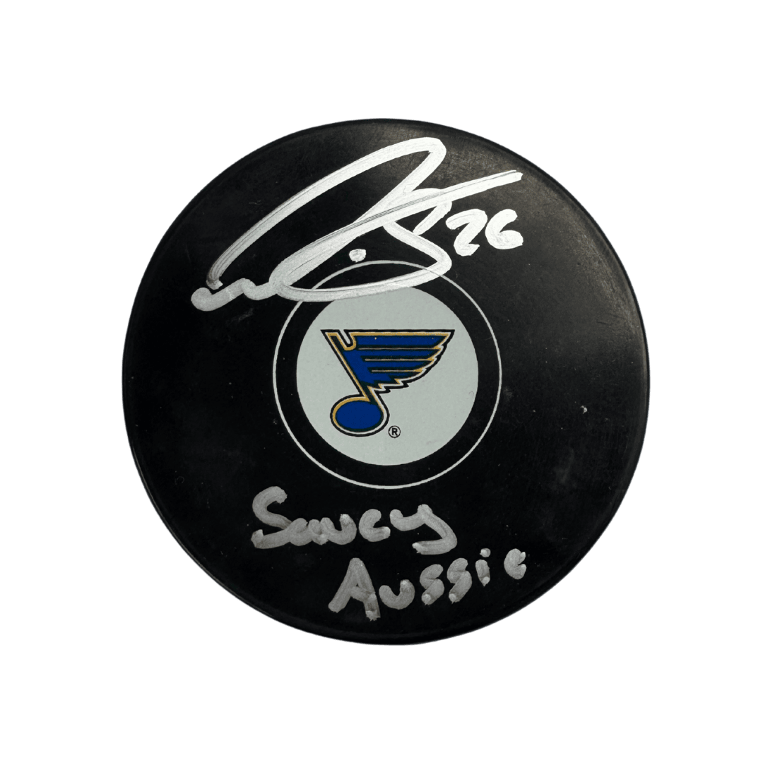 Nathan Walker St Louis Blues Autographed Logo Puck with Inscription- JSA COA