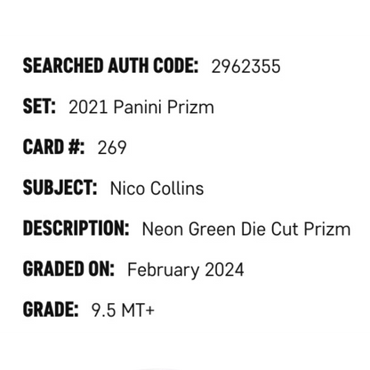 Nico Collins SGC 9.5 MINT 2021 Panini Prizm Neon Green Die Cut Prizm #D 89/349