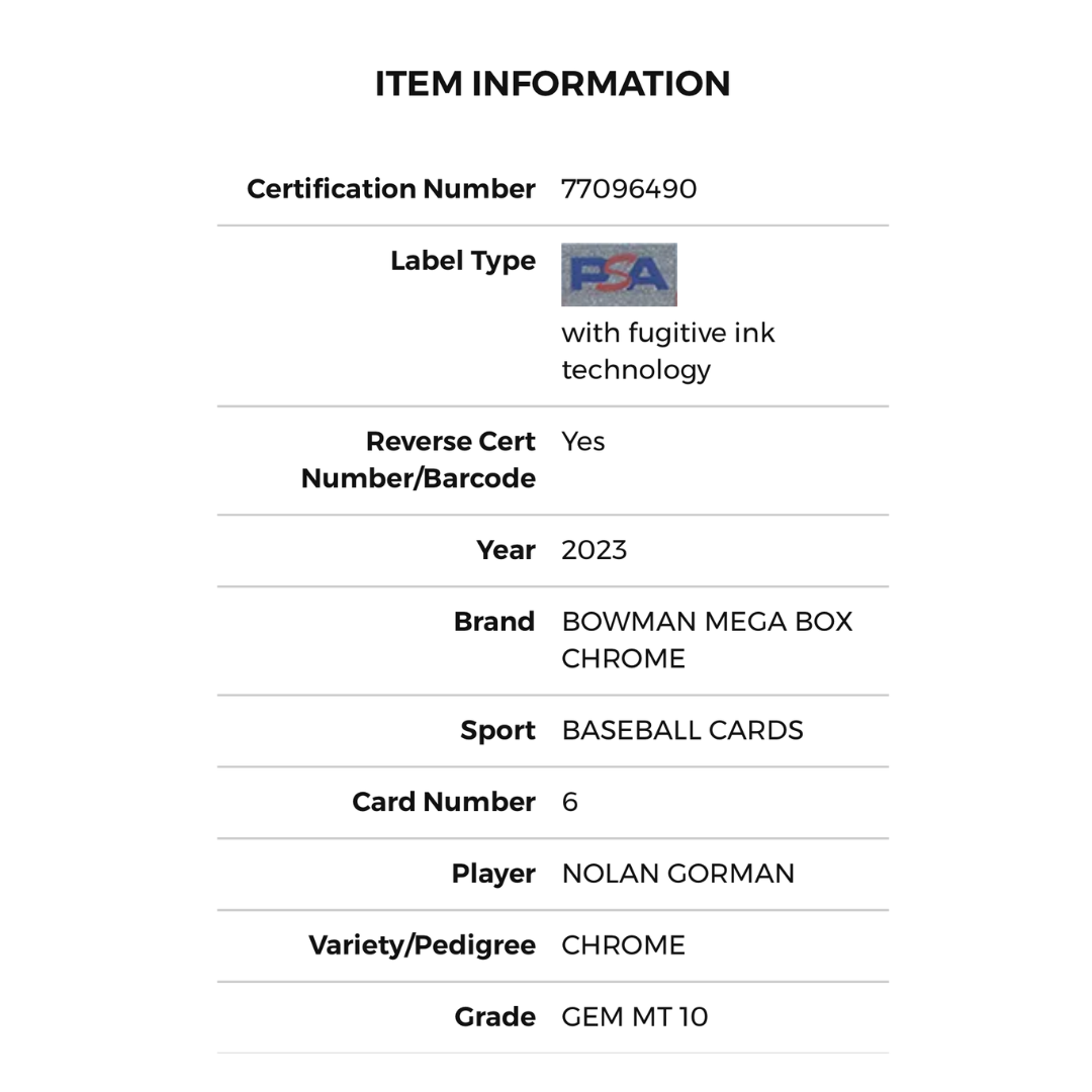 Nolan Gorman PSA 10 GEM MINT 2023 Bowman Mega Box Chrome RC Rookie Card #6