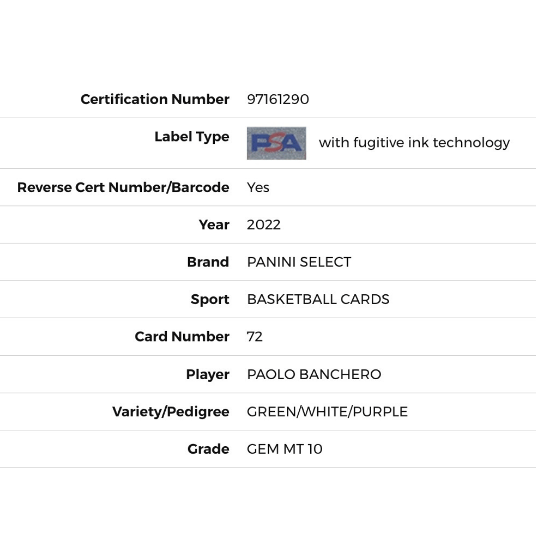 Paolo Banchero PSA 10 2022 Panini Select Green/White/Purple Rookie RC Card #72
