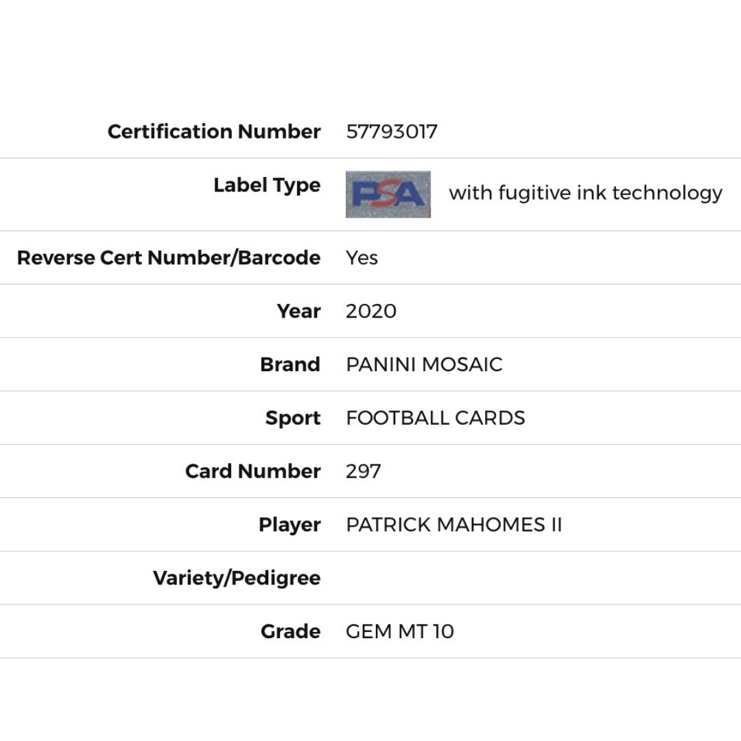 Patrick Mahomes PSA 10 2020 Panini Mosaic Card #297