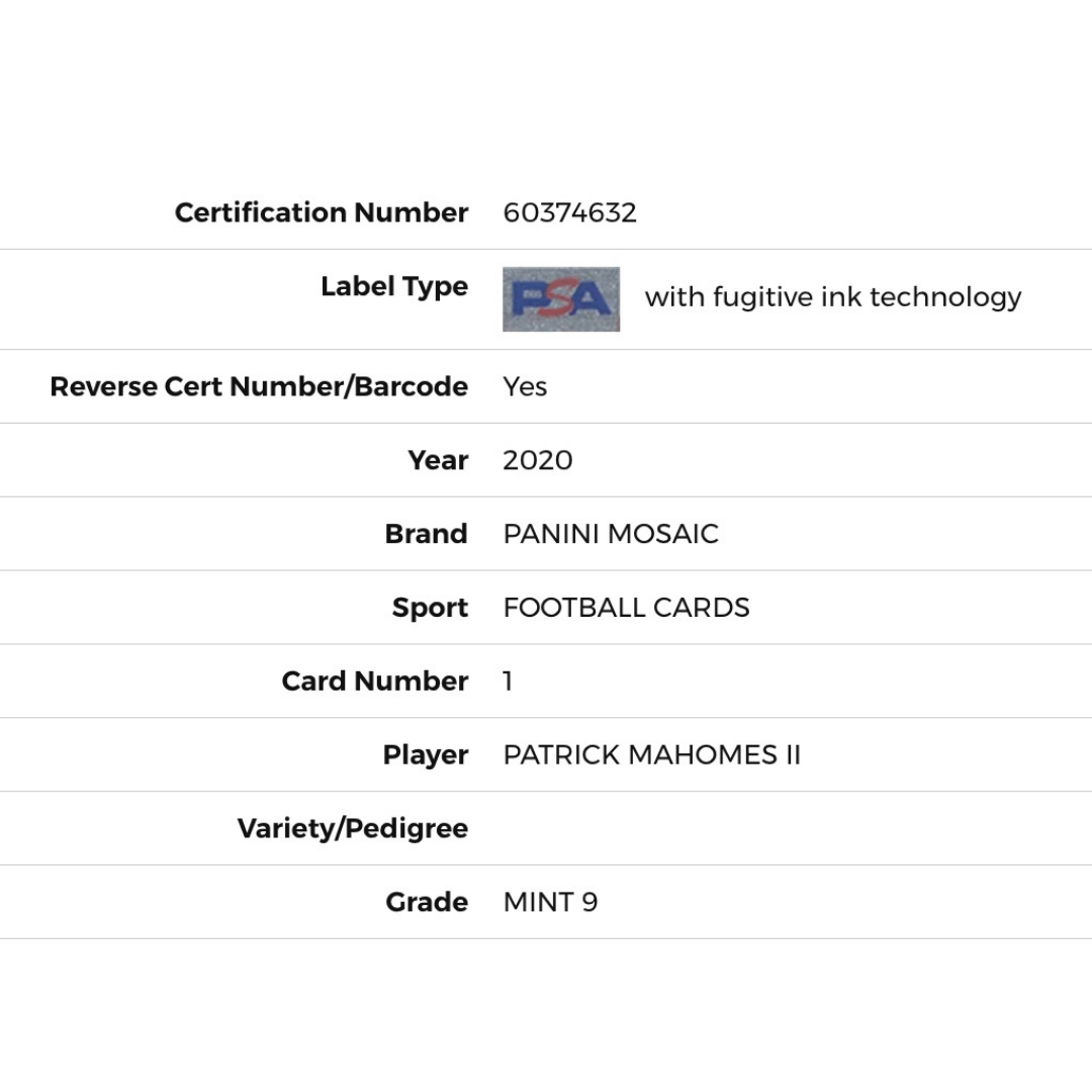 Patrick Mahomes PSA 9 2020 Panini Mosaic Card #1