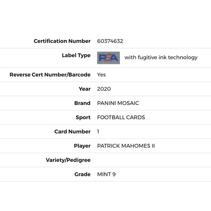 Patrick Mahomes PSA 9 2020 Panini Mosaic Card #1