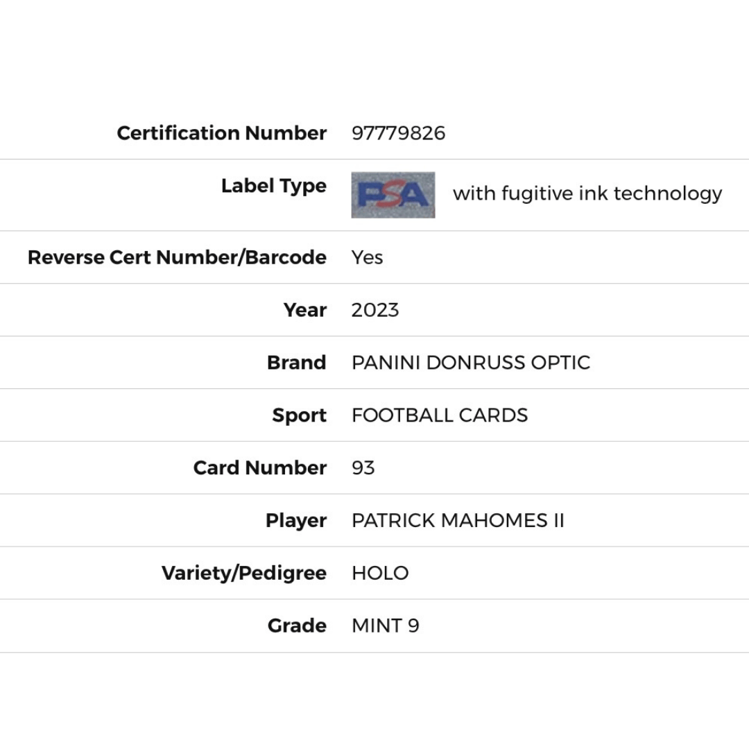 Patrick Mahomes PSA 9 2023 Donruss Optic Holo Card #93