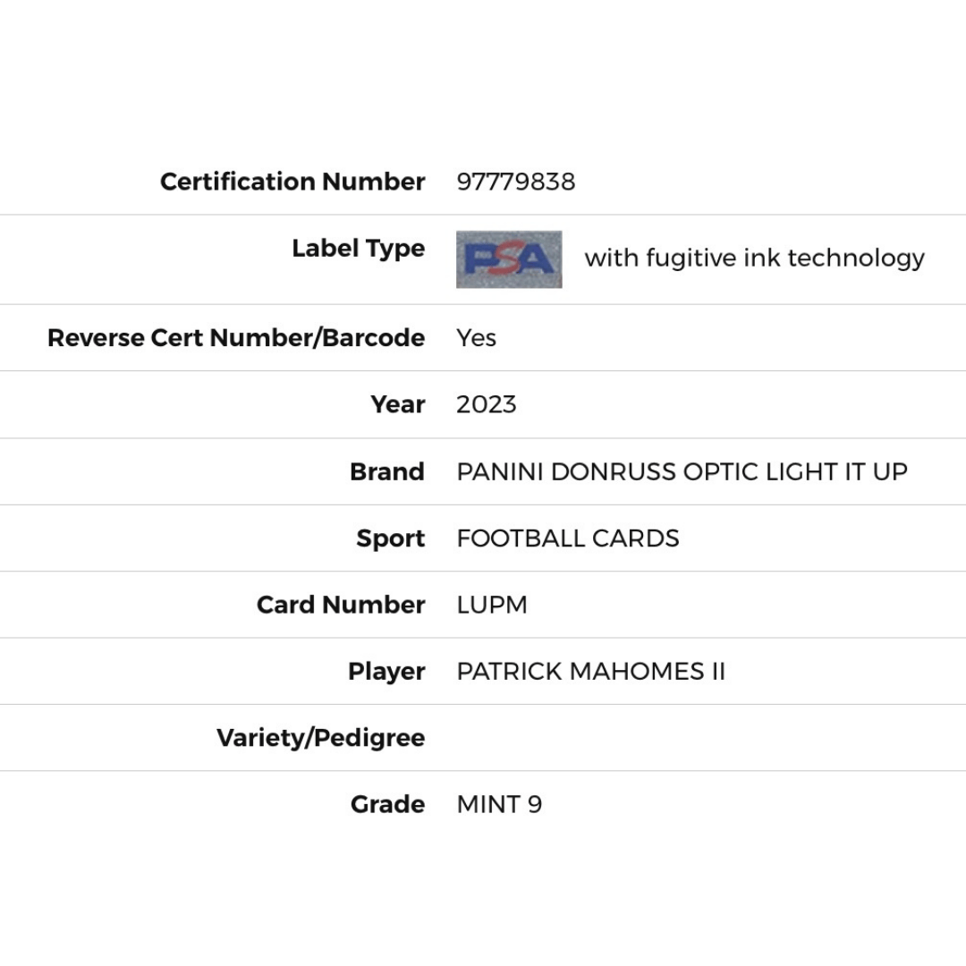 Patrick Mahomes PSA 9 2023 Donruss Optic Light It Up Card #LUPM