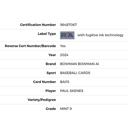 Paul Skenes PSA 9 2024 Bowman AI Card #BAI-15