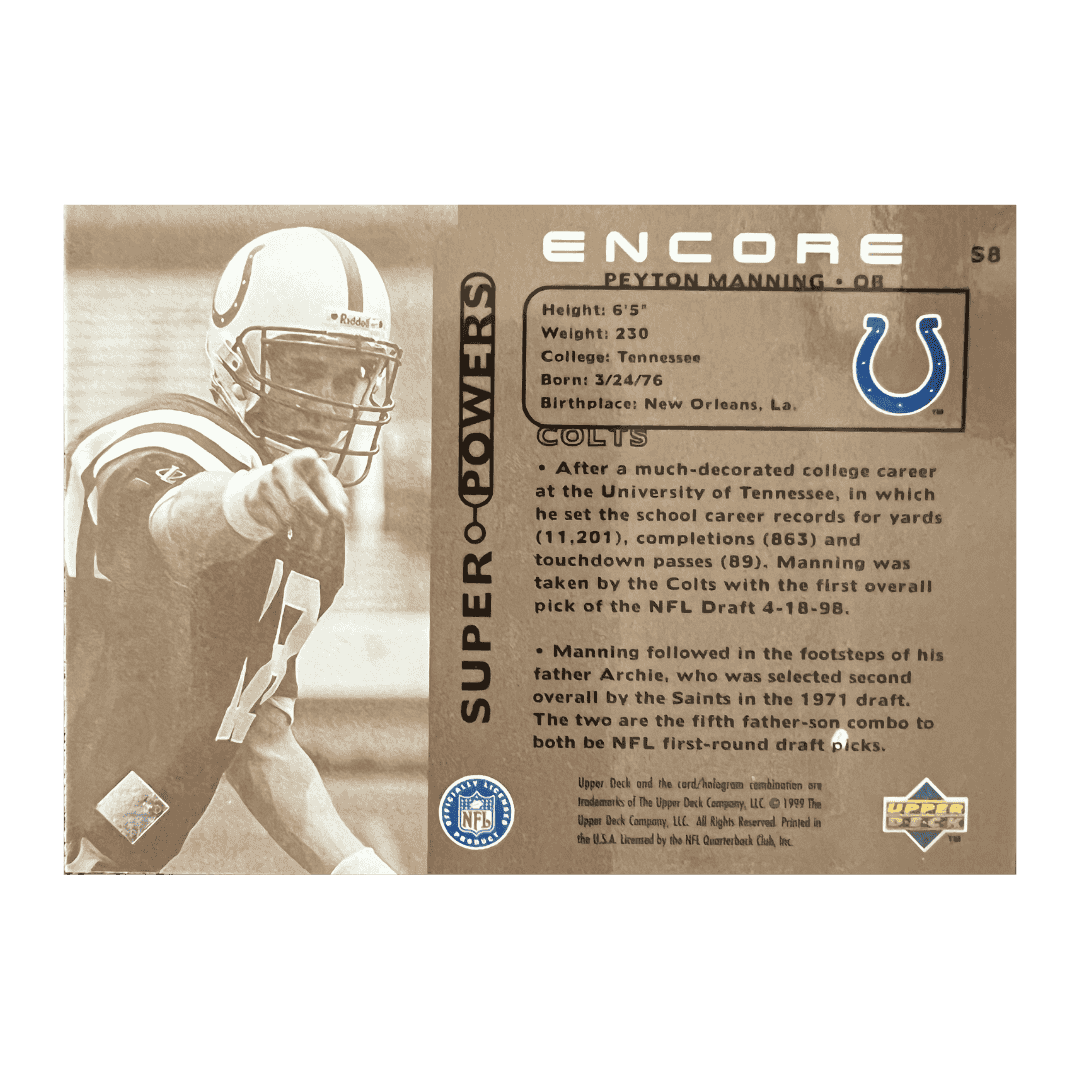 Peyton Manning 1999 Upper Deck Encore Super Powers Rookie RC #S8