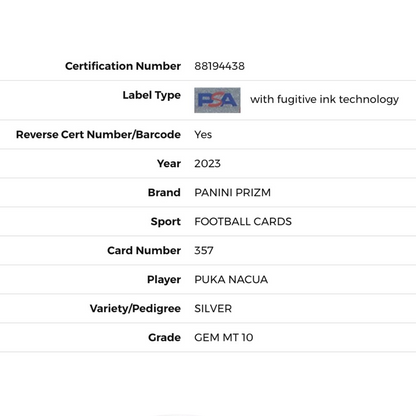 Puka Nacua PSA 10 2023 Panini Prizm Silver Rookie RC #357