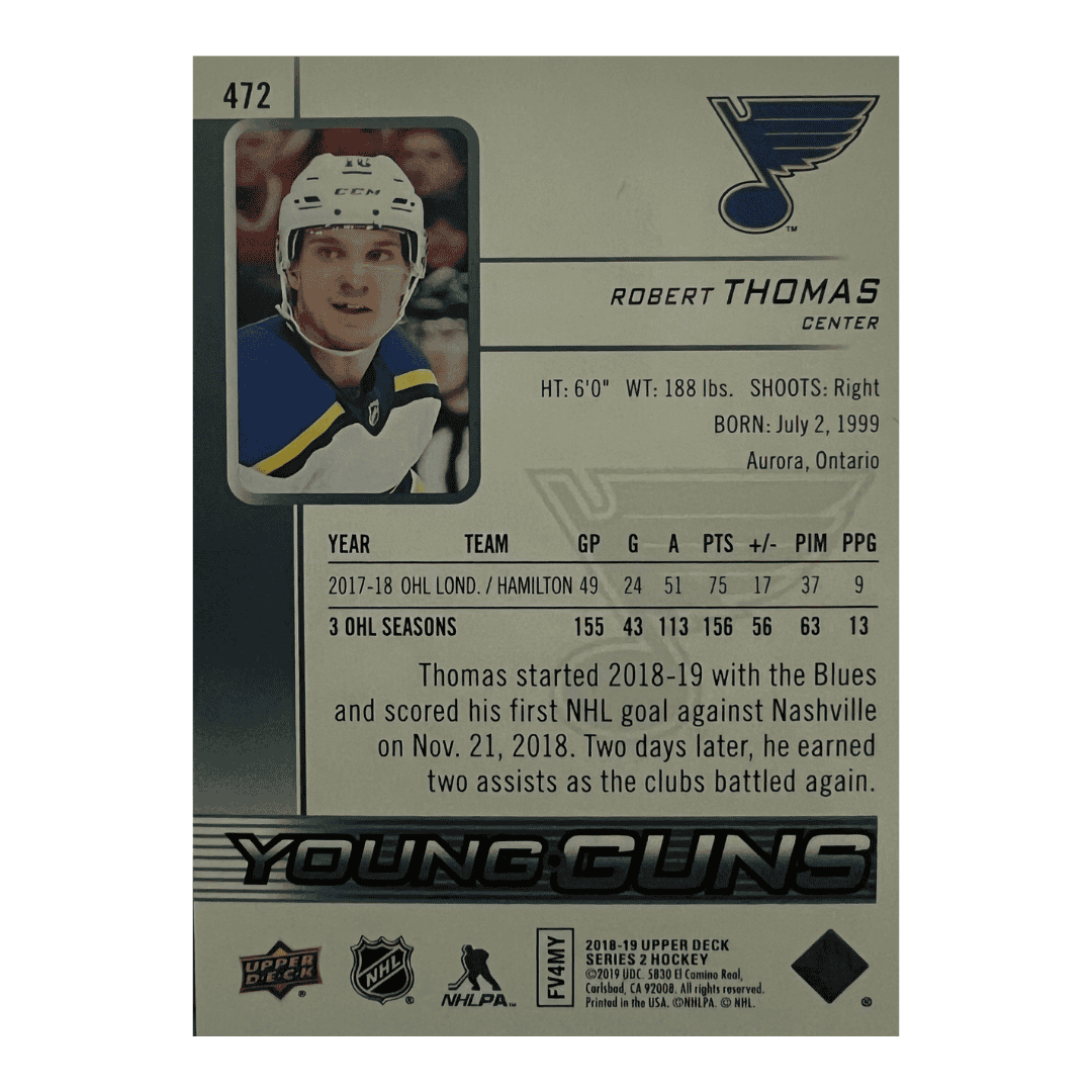 Robert Thomas 2018-2019 Upper Deck Young Guns Rookie RC #472