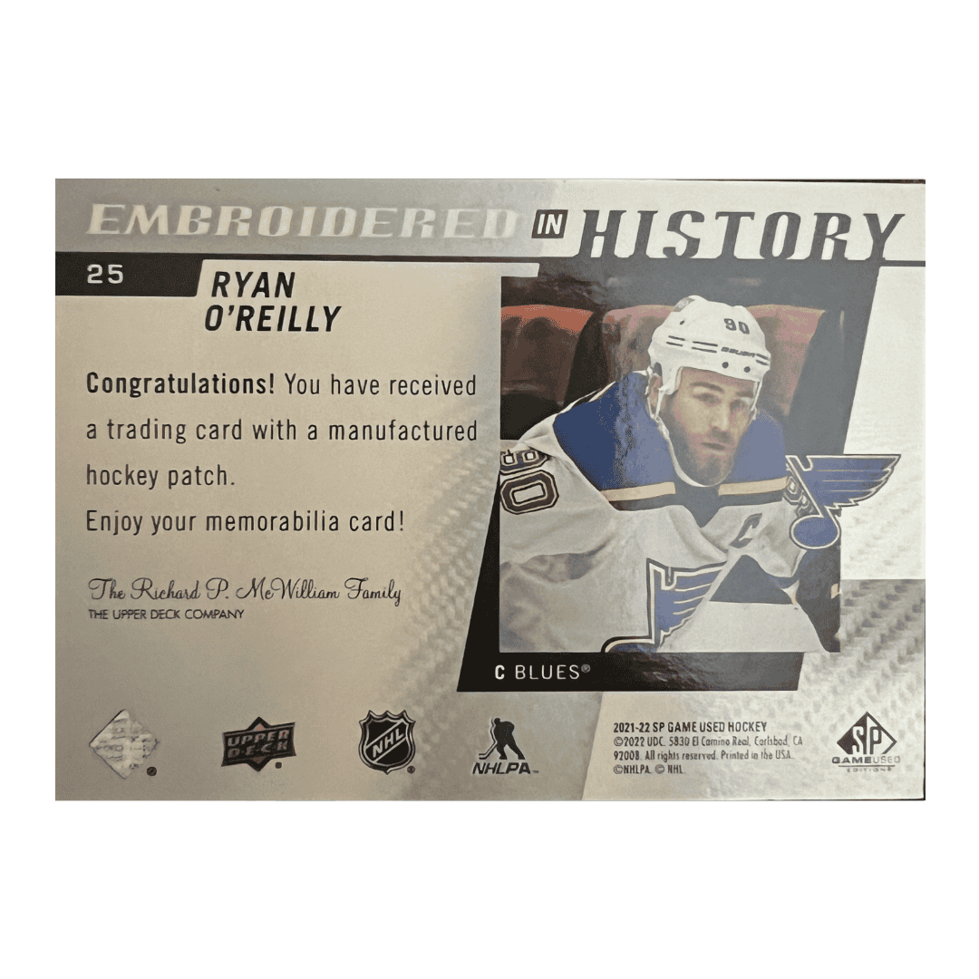 Ryan O'Reilly Autographed 2021-22 Upper Deck Embroidered in History Card #25