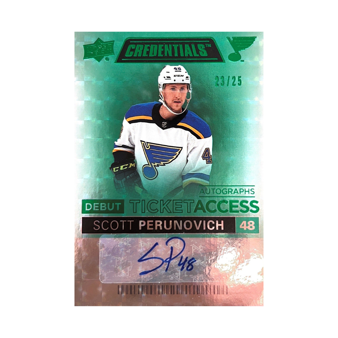 Scott Perunovich Autographed 2021-22 Upper Deck Credentials GREEN Debut Ticket Auto RC /25