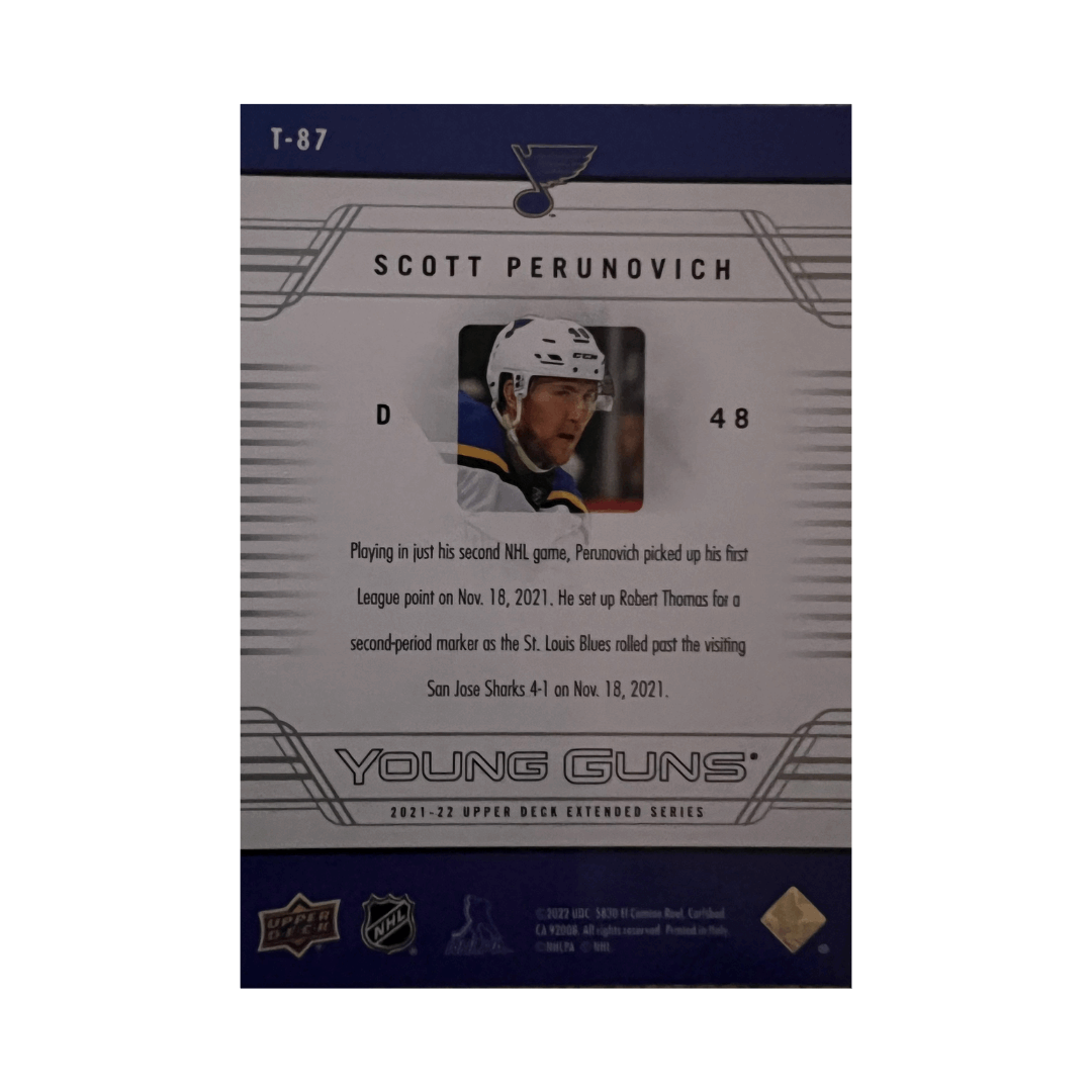 Scott Perunovich St Louis Blues Autographed 2021-2022 Upper Deck Extended Tribute Retro Young Guns Rookie Card #T-87