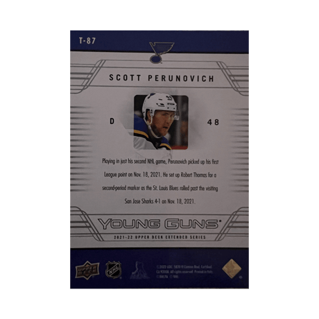 Scott Perunovich St Louis Blues Autographed 2021-2022 Upper Deck Extended Tribute Retro Young Guns Rookie Card #T-87