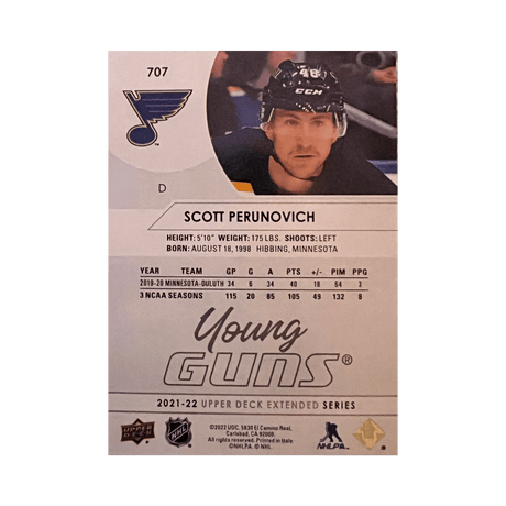 Scott Perunovich St Louis Blues Autographed 2021-2022 Upper Deck Extended Series Young Guns Rookie Card #707 - JSA