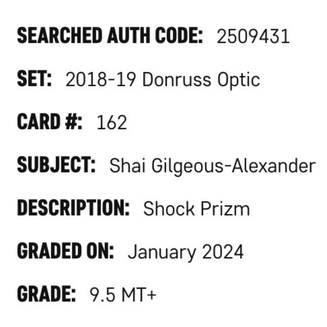 Shai Gilgeous-Alexander SGC 9.5 2018-19 Donruss Optic Shock Prizm Rated Rookie RC Card #162