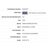 Shai Gilgeous Alexander PSA 10 2018 Panini Donruss Optic Rated Rookie RC Shock #162