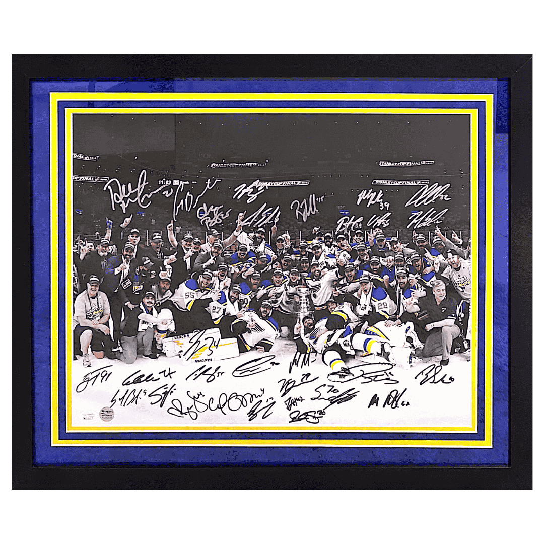 St Louis Blues 2019 Stanley Cup Champs On Ice Celebration Team Autographed Framed 16x20 - 29 Autographs - Fan Cave & JSA COA