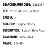 Steph Curry SGC 9.5 2019-20 Panini Donruss Optic Splash! Holo Prizm Card #4