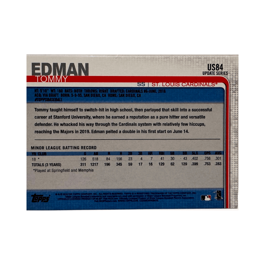 Tommy Edman 2019 Topps Update Autographed Rookie Card